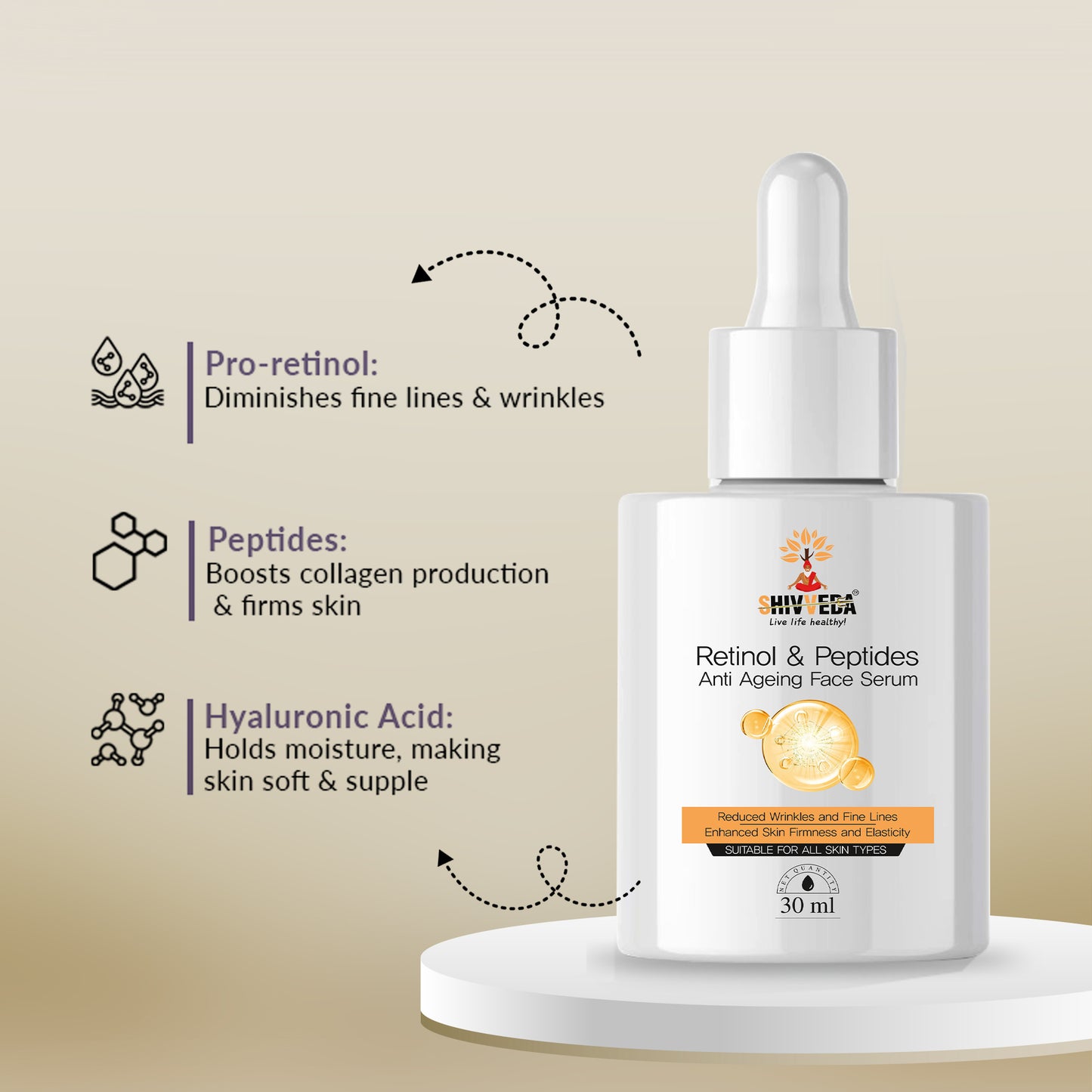 Shivveda Retinol & Peptides Anti-Ageing Face Serum - Youthful Glow, Firm Skin, and Smooth Texture